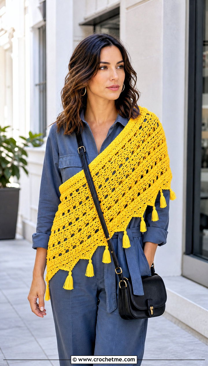Tassel V Stitch Crochet Shawl With Utility Jumpsuit - 25 V Stitch Crochet Shawl outfit ideas
