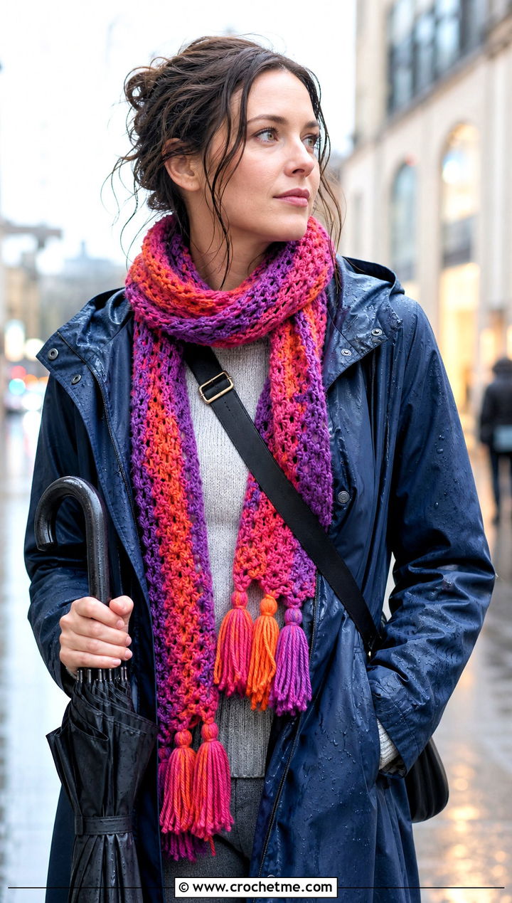 Tassel Variegated Crochet Scarf With Raincoat - 25 Variegated Yarn Crochet Scarf outfit ideas