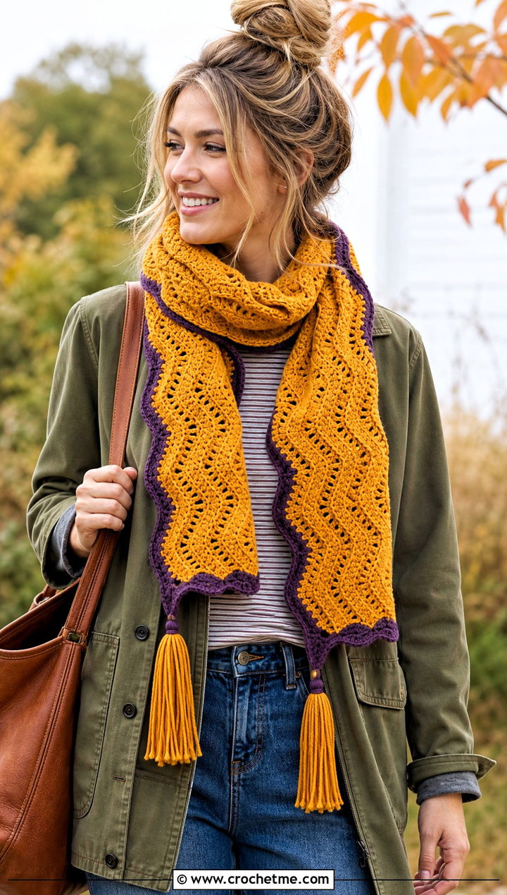 Tassel Zig Zag Crochet Scarf With Barn Jacket - 25 Zig Zag Crochet Scarf outfit ideas