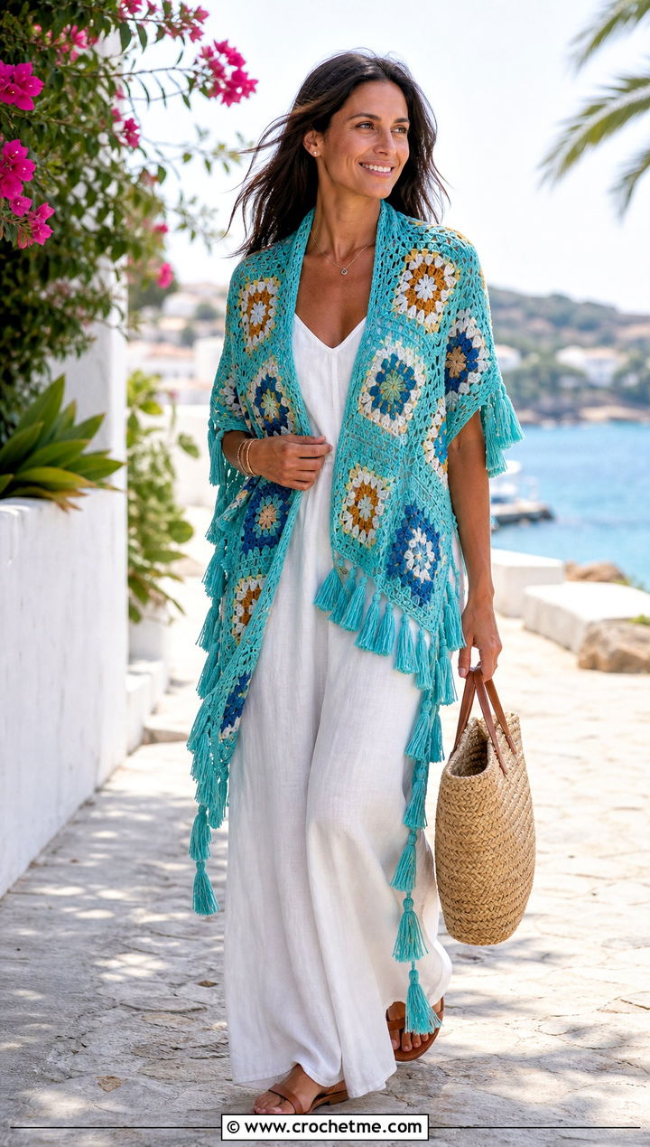 Tasseled Block Stitch Crochet Shawl With A Maxi Dress - 15 Block Stitch Crochet Shawl outfit ideas