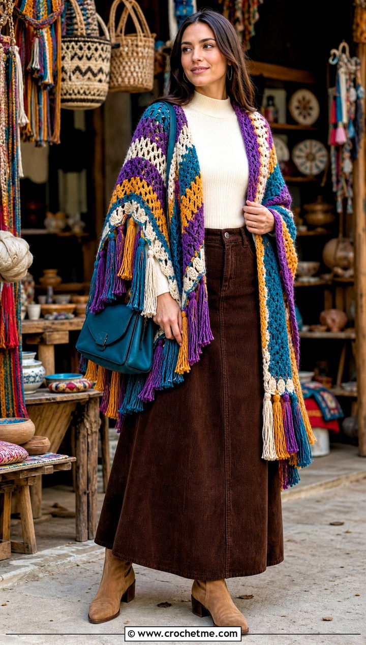 Tasseled Bulky Yarn Crochet Shawl With Corduroy Maxi Skirt - 20 Bulky Yarn Crochet Shawl outfit ideas