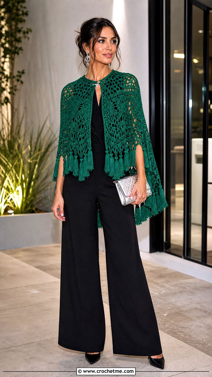 Tasseled Cape Crochet Poncho With Jumpsuit - 35 easy crochet poncho outfit ideas