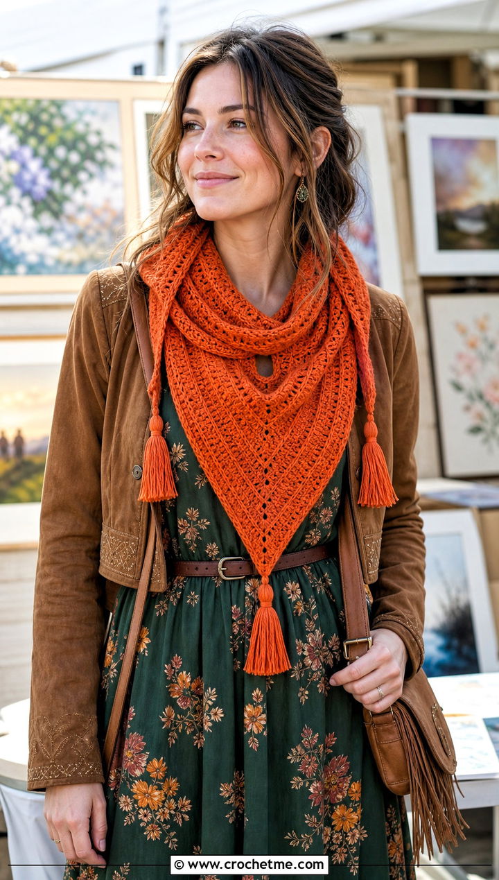 Tasseled Cari Keyhole Crochet Scarf With Maxi Dress and Boots - 15 Cari Keyhole Crochet Scarf outfit ideas