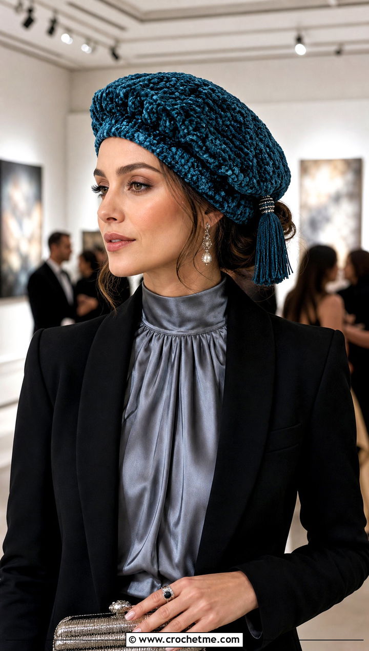 Tasseled Chenille Calot Beret With Evening Outfit - 30 crochet chenille hat outfit ideas
