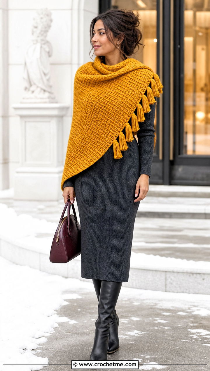 Tasseled Crescent Waffle Shawl With Knit Dress - 15 Waffle Crochet Shawl outfit ideas