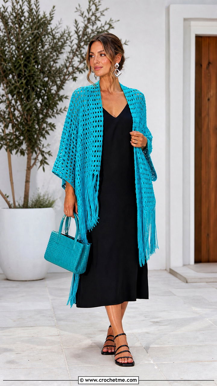 Tasseled Crochet Blanket Cardigan With Black Midi Dress - 35 crochet blanket cardigan outfit ideas