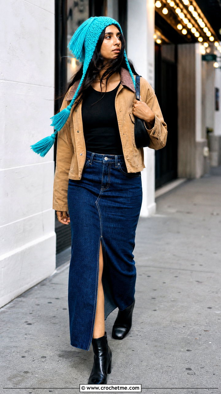 Tasseled Crochet Bonnet With Denim Maxi Skirt - 35 crochet bonnet outfit ideas