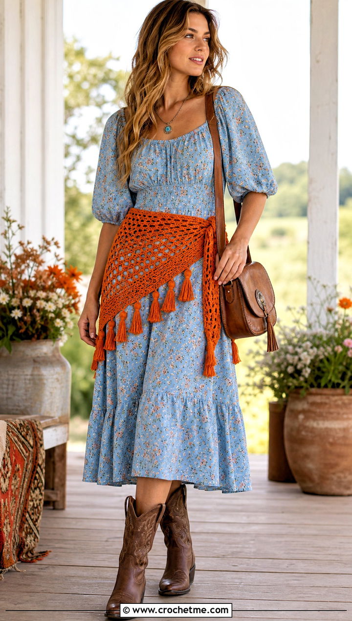 Tasseled Crochet Hip Scarf With Prairie Dress - 30 Crochet Hip Scarf outfit ideas