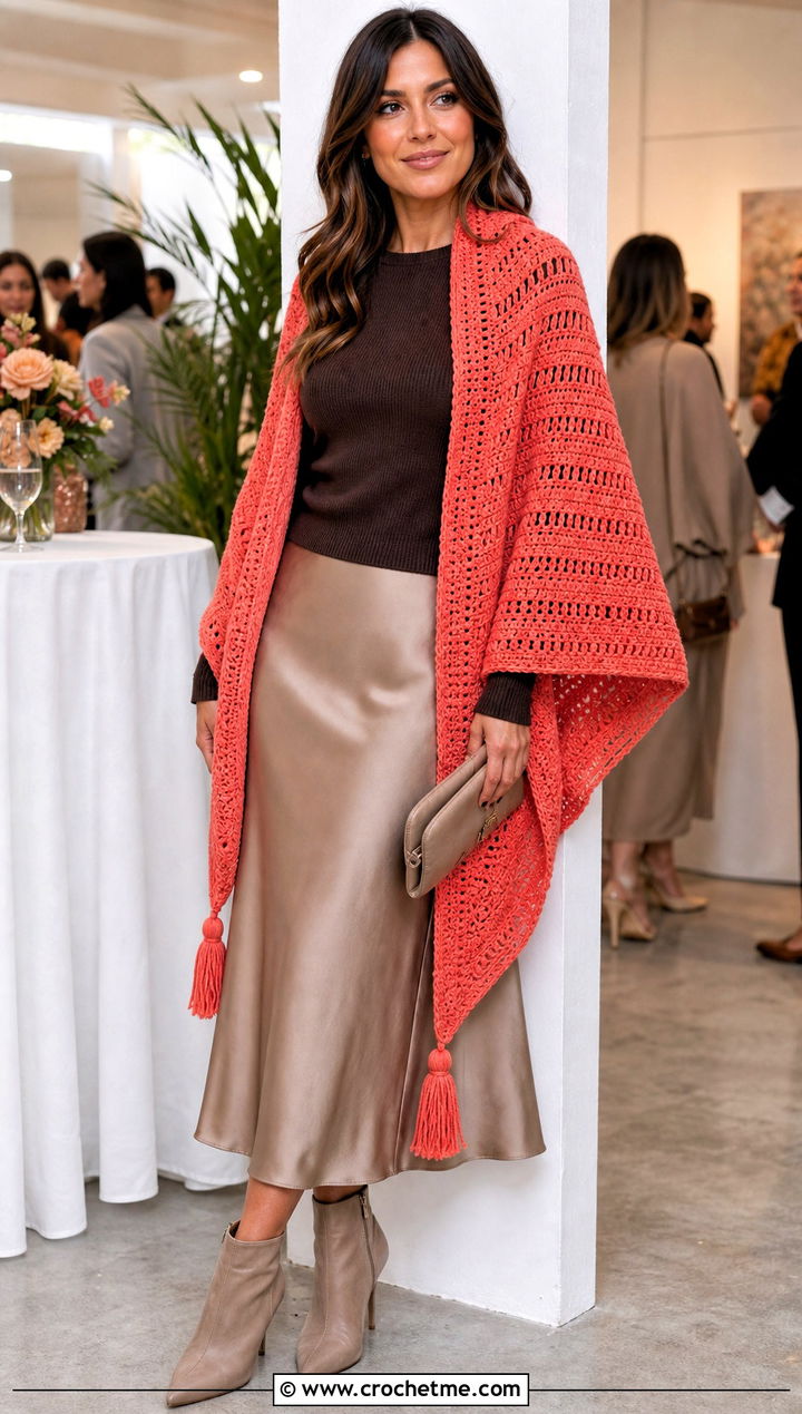 Tasseled Crochet Rectangular Shawl With Satin Skirt - 30 crochet rectangular shawl outfit ideas
