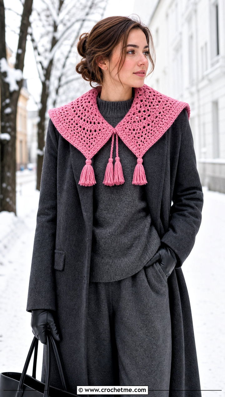 Tasseled Crochet Sailor Collar With Long Coat And Knit Separates - 30 crochet sailor collar outfit ideas