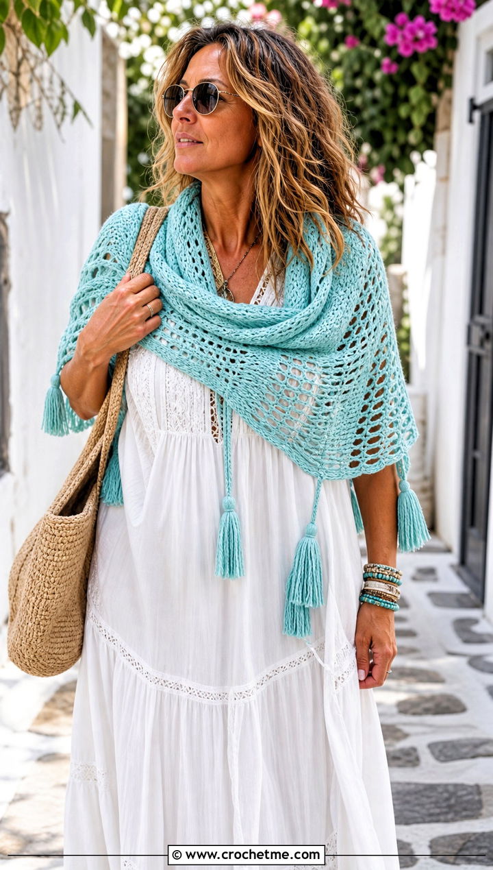 Tasseled Crochet Scarf With Maxi Dress - 30 wanderlust crochet scarf outfit ideas