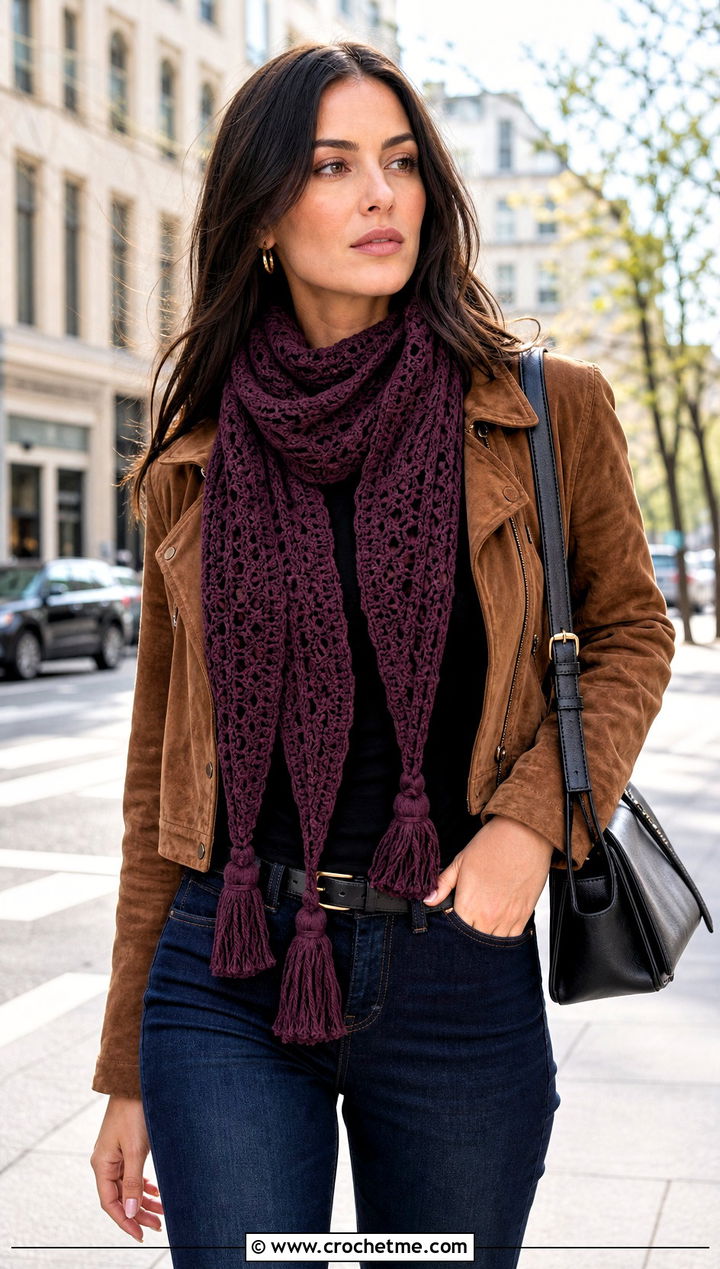 Tasseled Crochet Scarf With Suede Jacket - 30 autumn crochet scarf outfit ideas