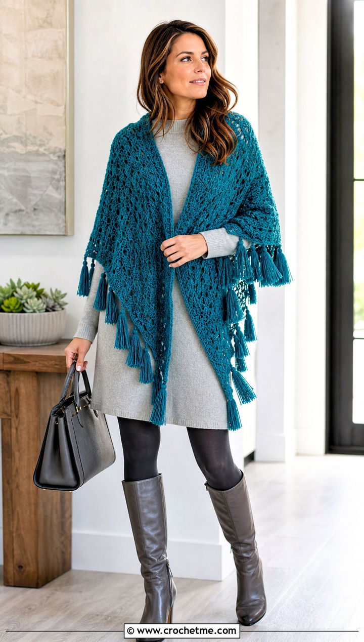 Tasseled Crochet Shawl With Sweater Dress - 25 Crochet A Shawl outfit ideas