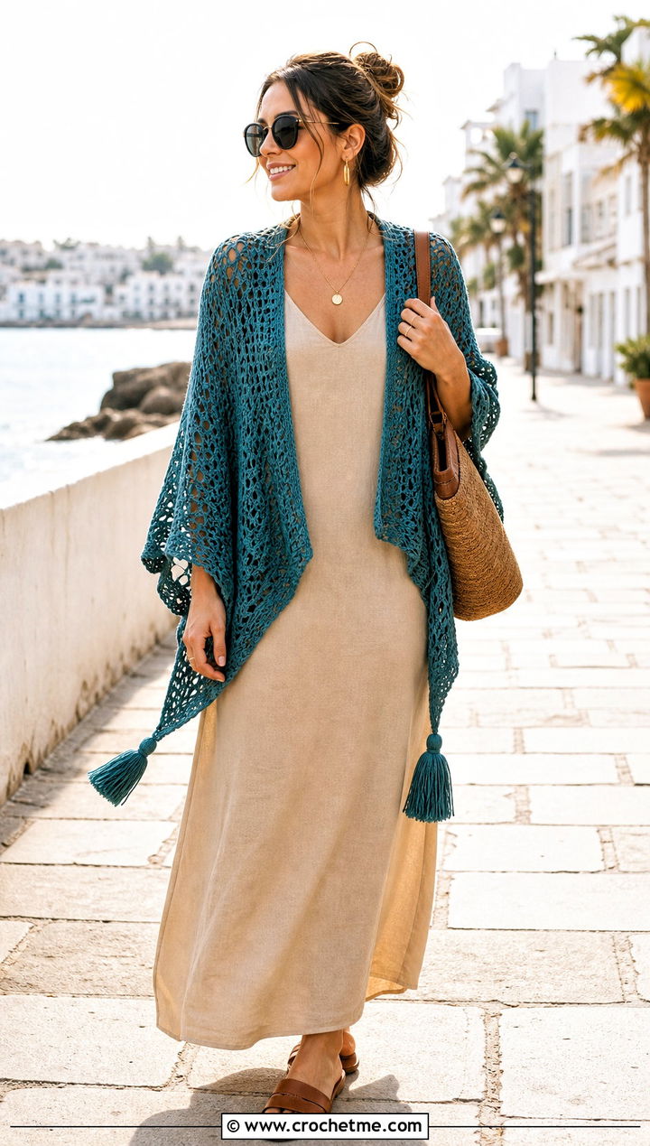 Tasseled Crochet Shoulder Shawl With Maxi Dress - 25 Crochet Shoulder Shawl outfit ideas