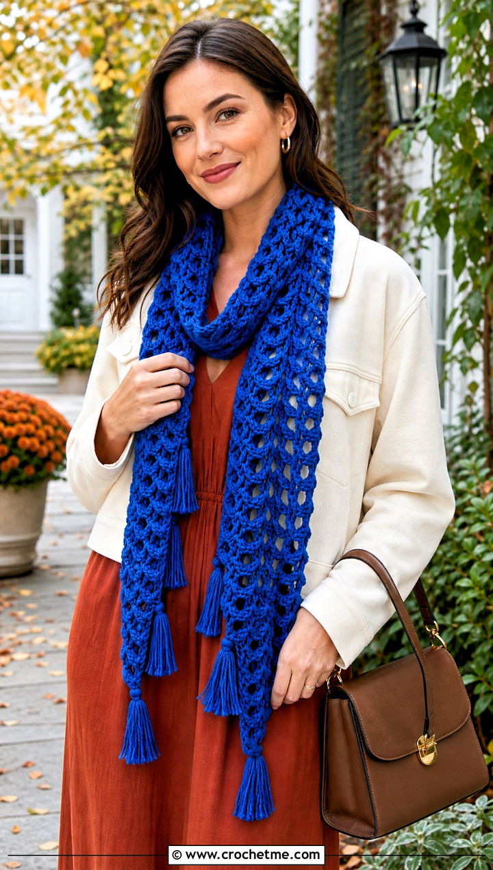 Tasseled Crochet V Stitch Scarf With Midi Dress - 30 crochet v stitch scarf outfit ideas