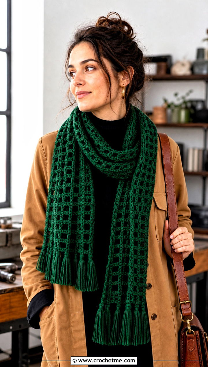 Tasseled Crochet Windowpane Scarf With Chore Jacket - 15 crochet windowpane scarf outfit ideas