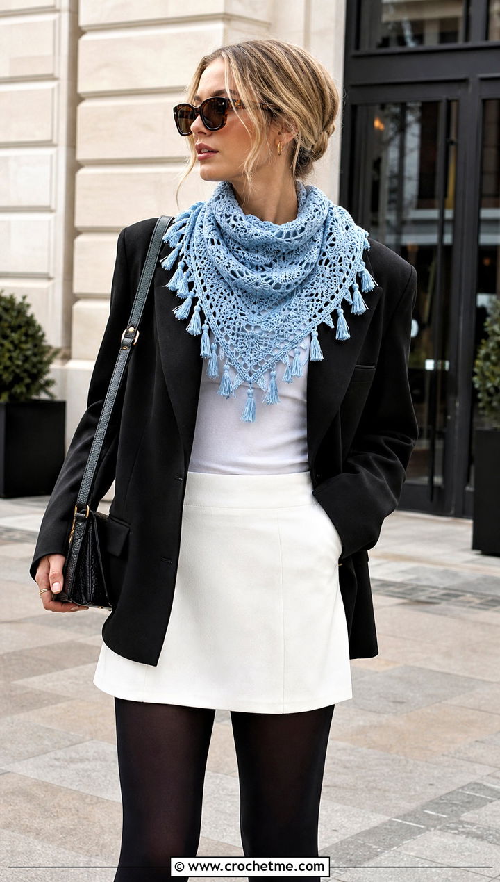 Tasseled Crocheted Shawl With A Blazer And Mini Skirt - 20 Crocheted Shawl outfit ideas