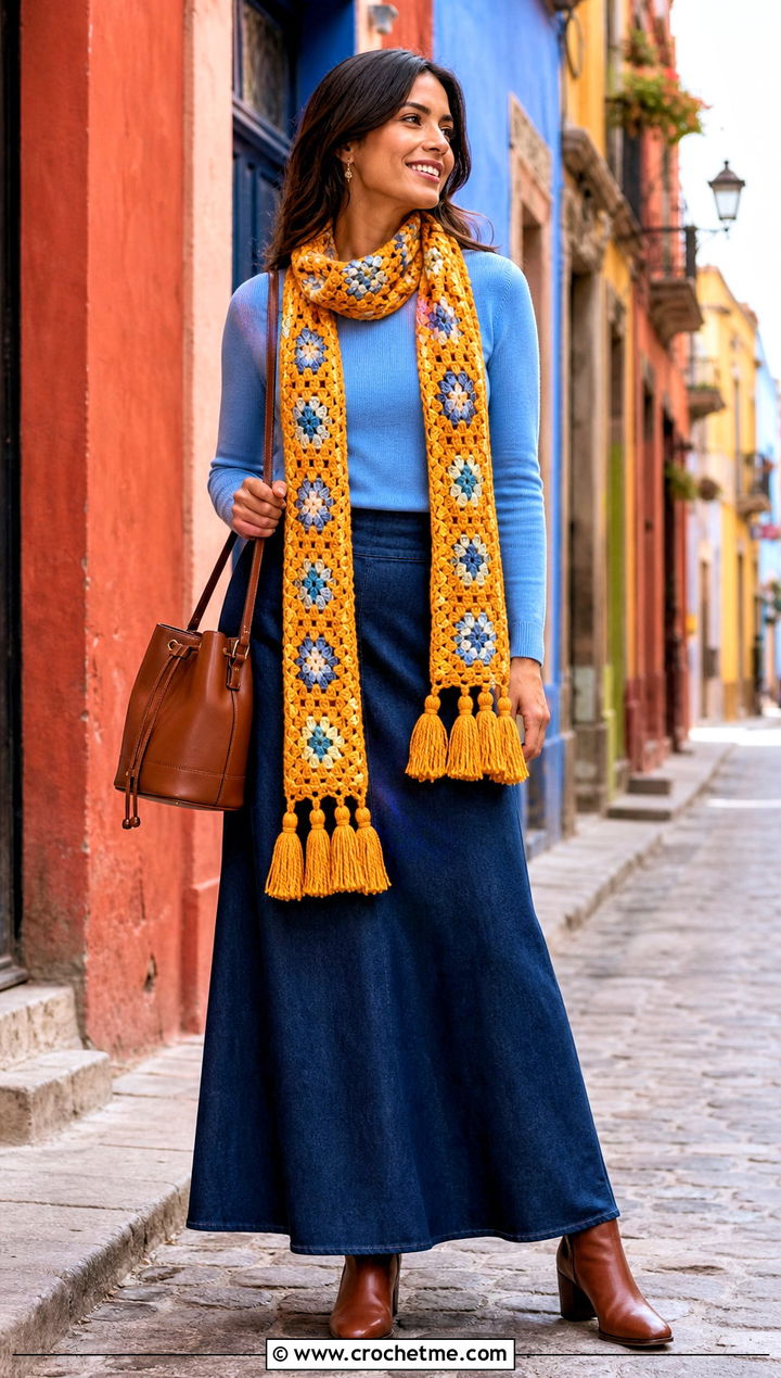 Tasseled Granny Scarf With Maxi Skirt - 35 granny crochet scarf outfit ideas