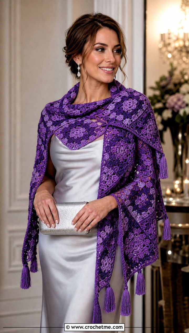 Tasseled Granny Square Triangle Shawl With Slip Dress - 30 granny square triangle shawl outfit ideas