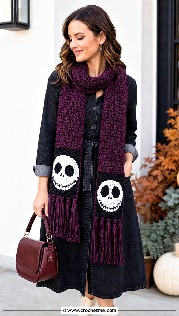 Tasseled Jack Skellington Crochet Scarf With Denim Dress - 20 Crochet Jack Skellington Scarf outfit ideas