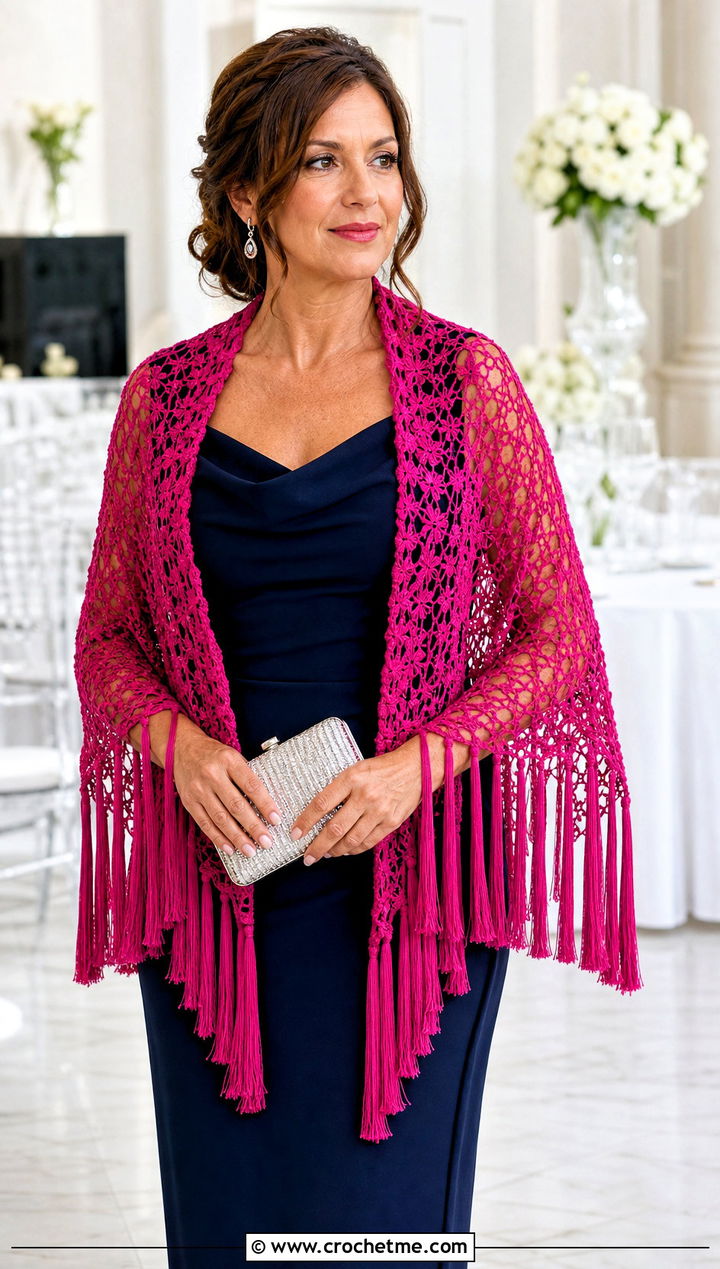 Tasseled Lace Crochet Shawl With Column Dress - 25 Lace Crochet Shawl outfit ideas