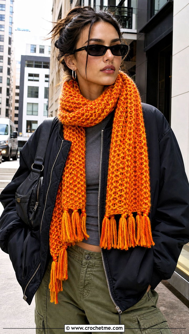 Tasseled Lemon Peel Stitch Scarf With Cargo Pants - 20 Crochet Lemon Peel Stitch Scarf outfit ideas