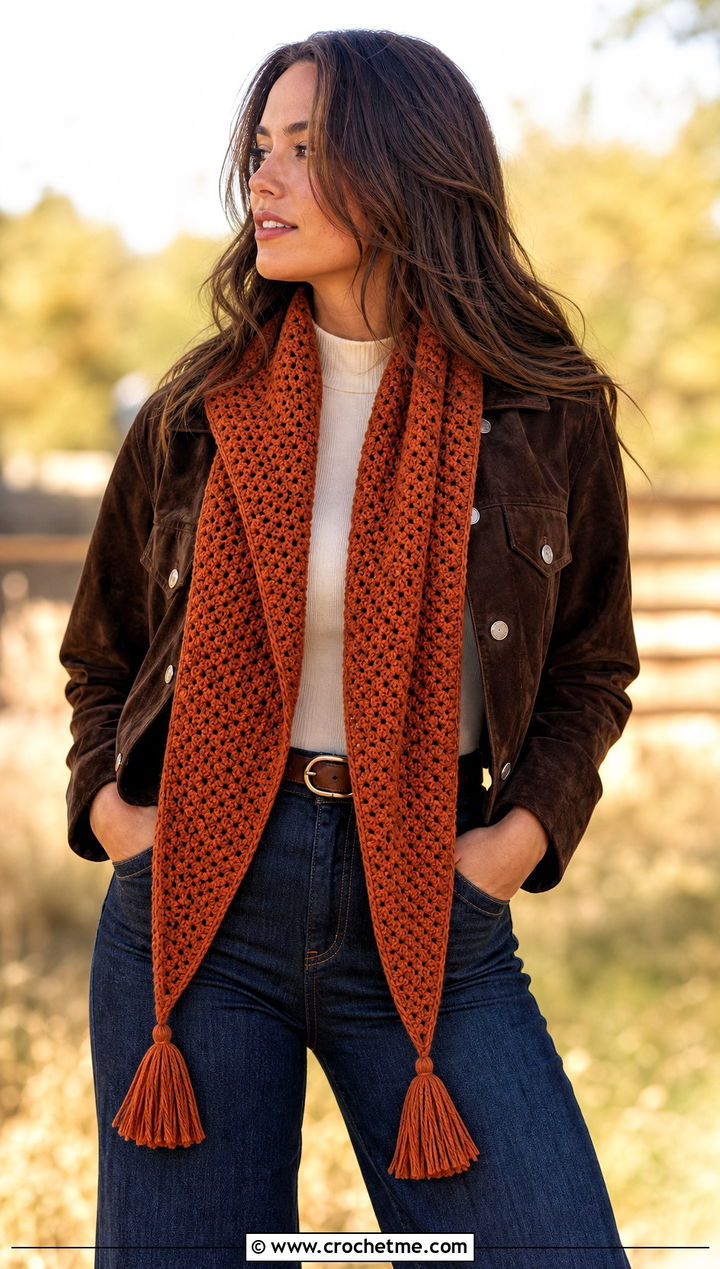 Tasseled Single Crochet Scarf With Suede Jacket And Flare Jeans - 25 Single Crochet Scarf outfit ideas