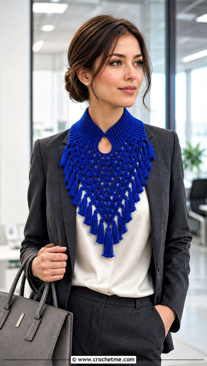 Tasseled Triangle Cari Keyhole Crochet Scarf With Blazer and Trousers - 15 Cari Keyhole Crochet Scarf outfit ideas
