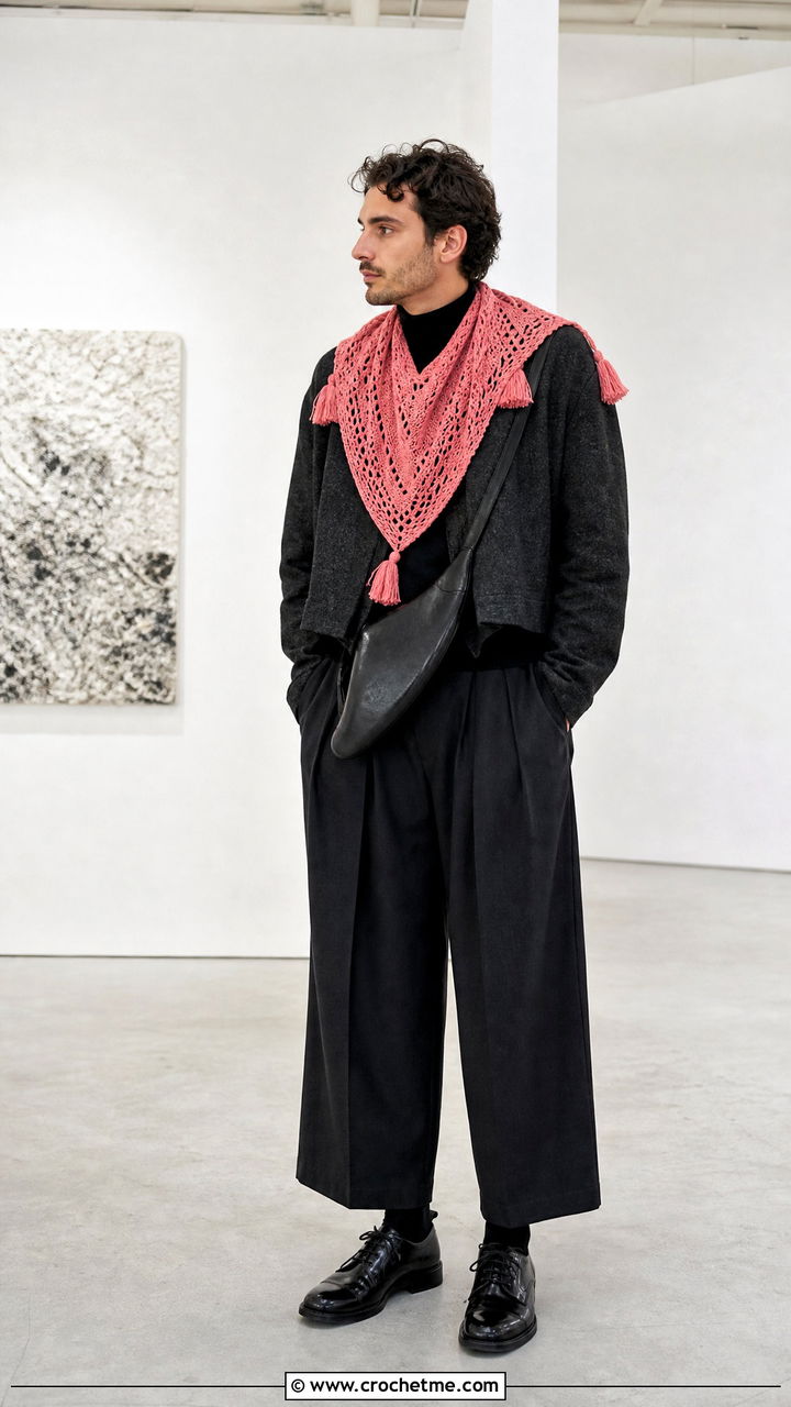 Tasseled Triangle Crochet Scarf With Gallery Outfit - 35 men's crochet scarf outfit ideas