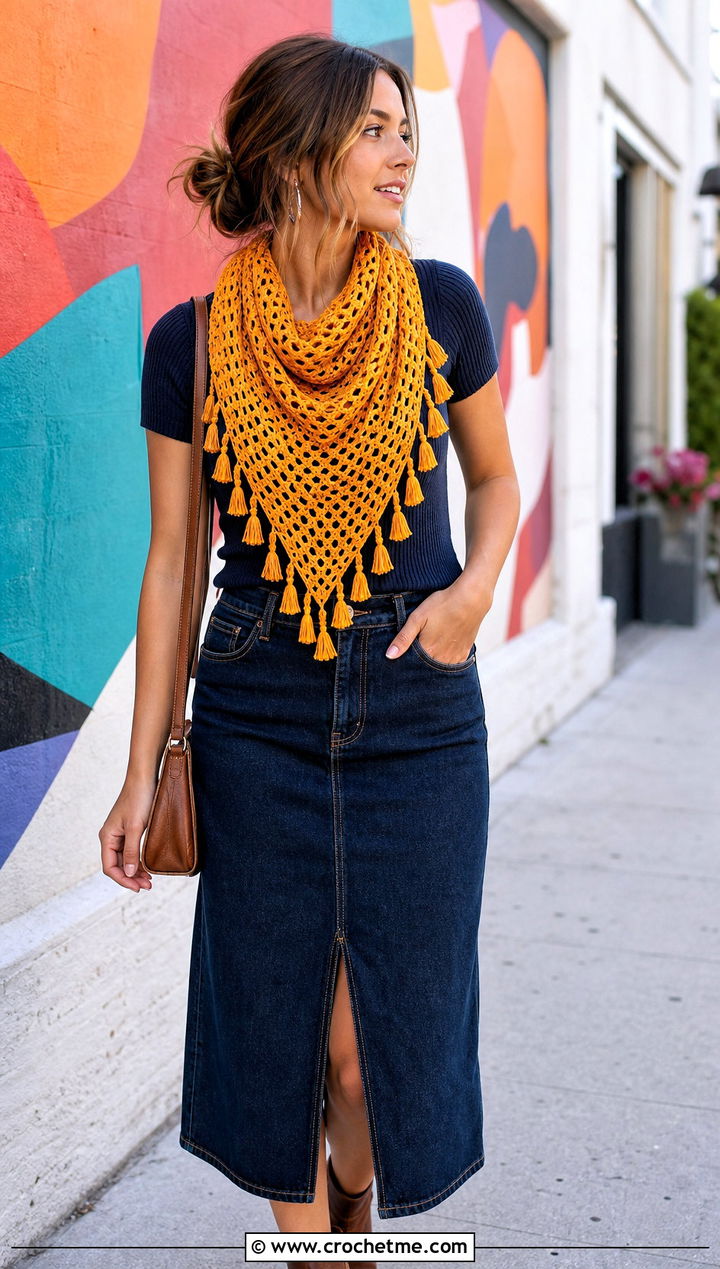Tasseled Triangle Mesh Crochet Scarf With Denim Skirt - 25 Mesh Crochet Scarf outfit ideas