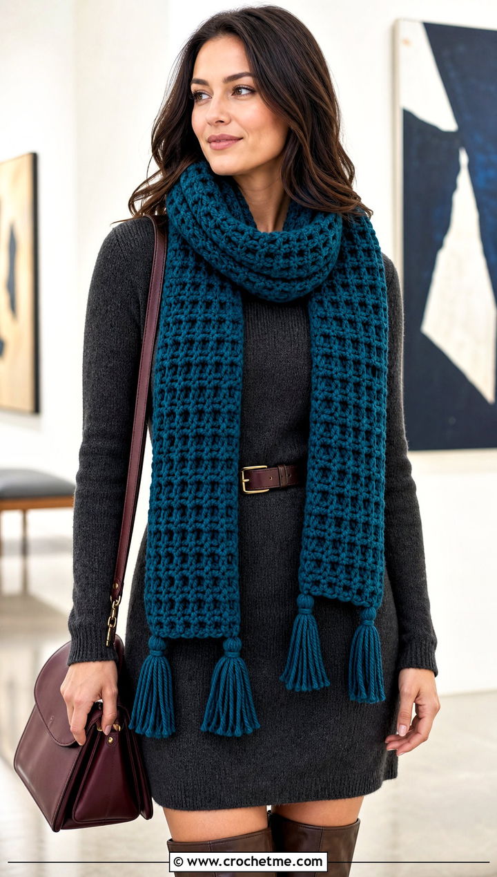 Tasseled Waffle Stitch Crochet Scarf With Sweater Dress - 30 waffle stitch crochet scarf outfit ideas