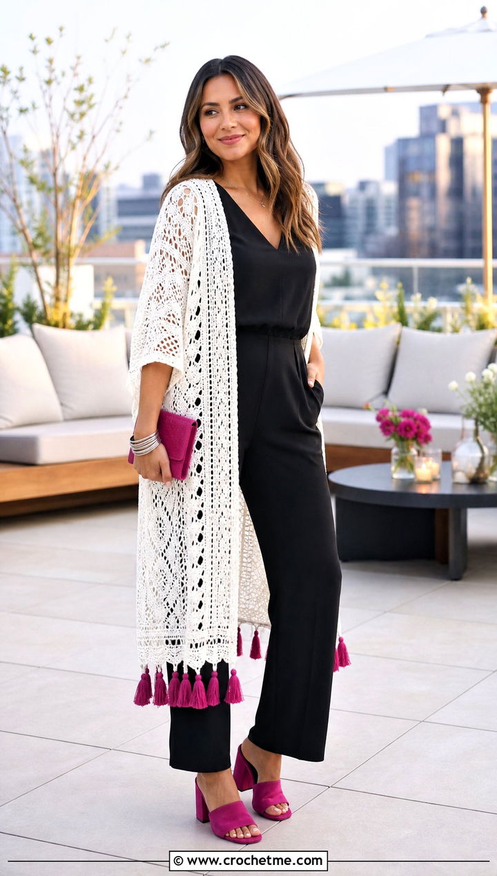 Tasseled White Crochet Kimono With Black Jumpsuit - 15 White Crochet Kimono outfit ideas