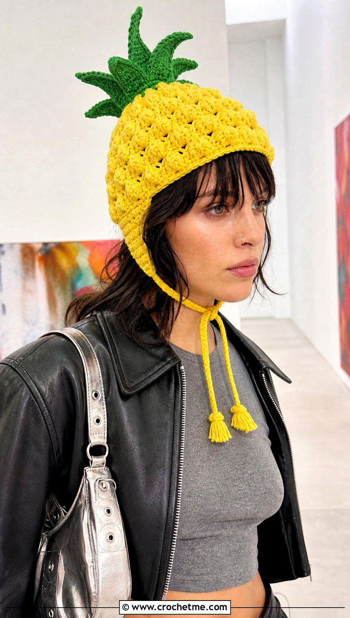 Tasseled Yellow Crochet Pineapple Bonnet With A Leather Jacket - 15 Yellow Crochet Pineapple Hat outfit ideas