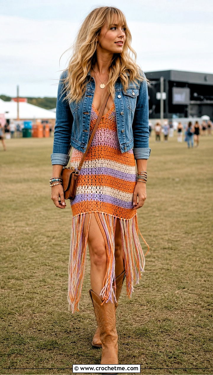 Taylor Swift Fringe Hem Crochet Dress With Cowboy Boots - 25 Taylor Swift Crochet Dress outfit ideas