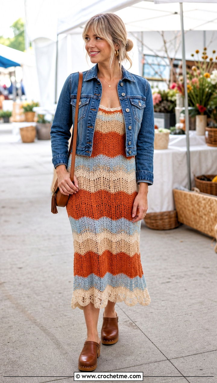 Taylor Swift Scallop Hem Crochet Dress With Denim Jacket - 25 Taylor Swift Crochet Dress outfit ideas