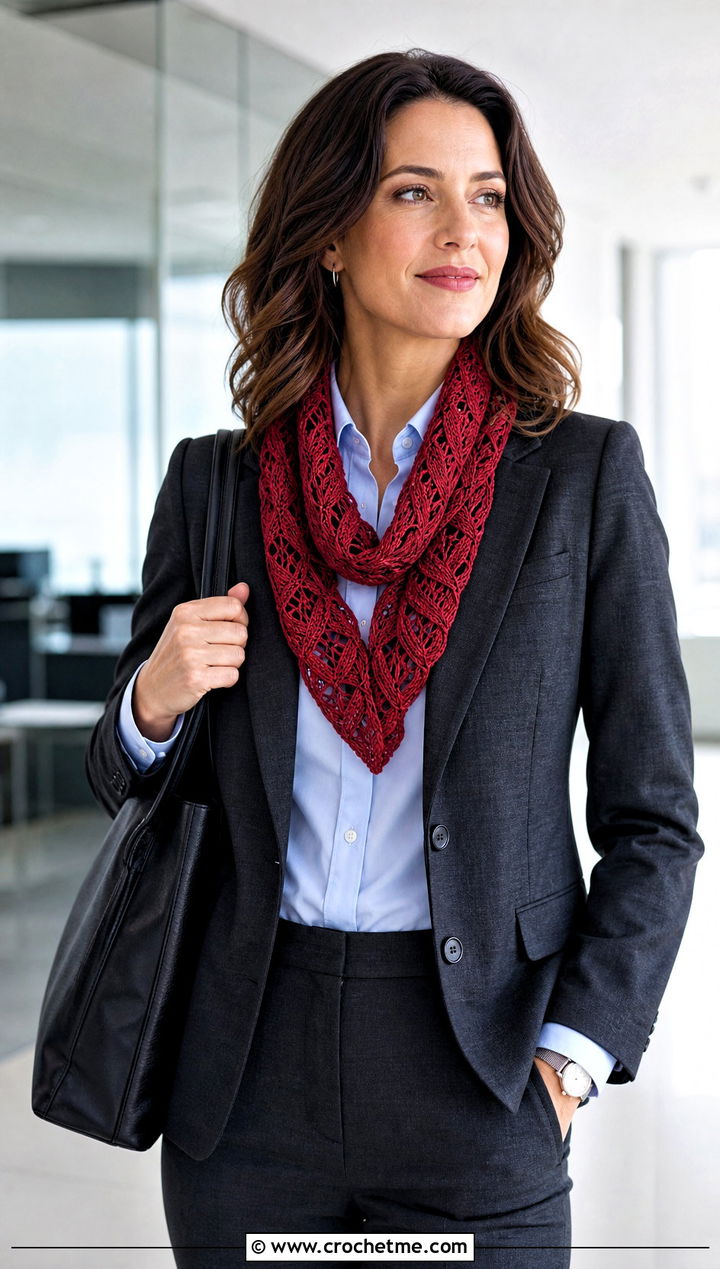 Tea Leaves Scarf With Blazer And Trousers - 25 crochet leaf scarf outfit ideas