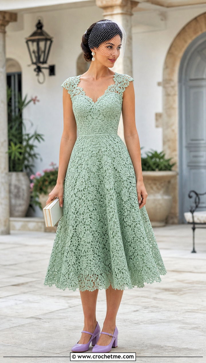 Tea Length Crochet Wedding Dress With Mary Jane Shoes - 25 boho crochet wedding dress outfit ideas