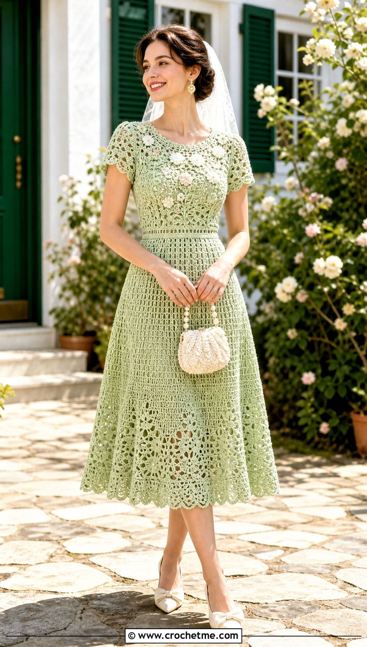Tea Length Crochet Wedding Gown With Bow Pumps - 30 crochet wedding dress gowns outfit ideas