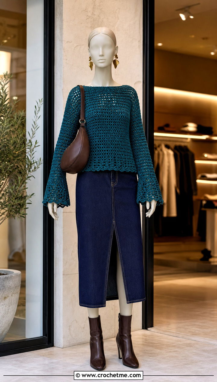 Teal Bell Sleeve Crochet Sweater With Denim Midi Skirt - 15 Green Crochet Sweater On Mannequin outfit ideas