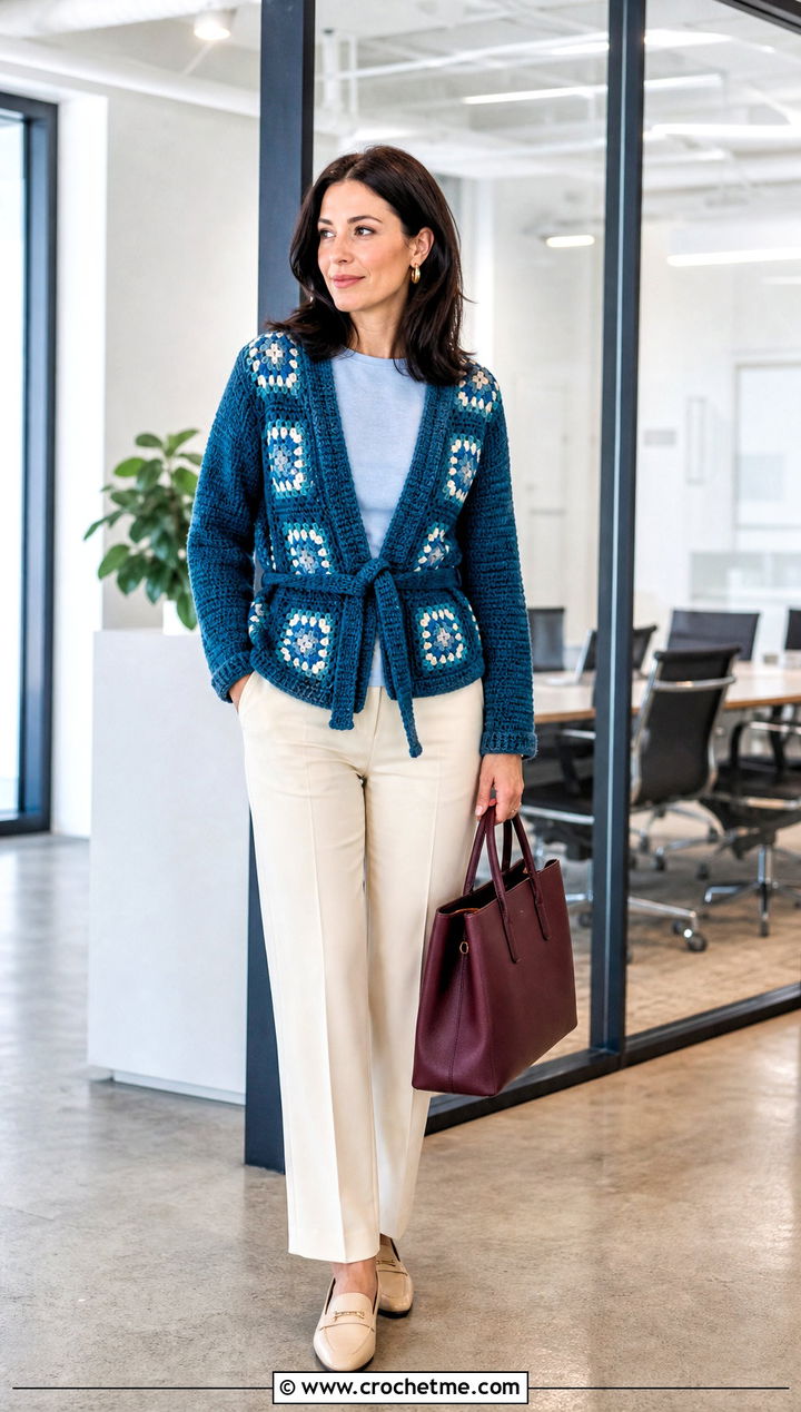 Teal Blue Belted Granny Square Cardigan With Tailored Pants - 30 blue granny square cardigan outfit ideas