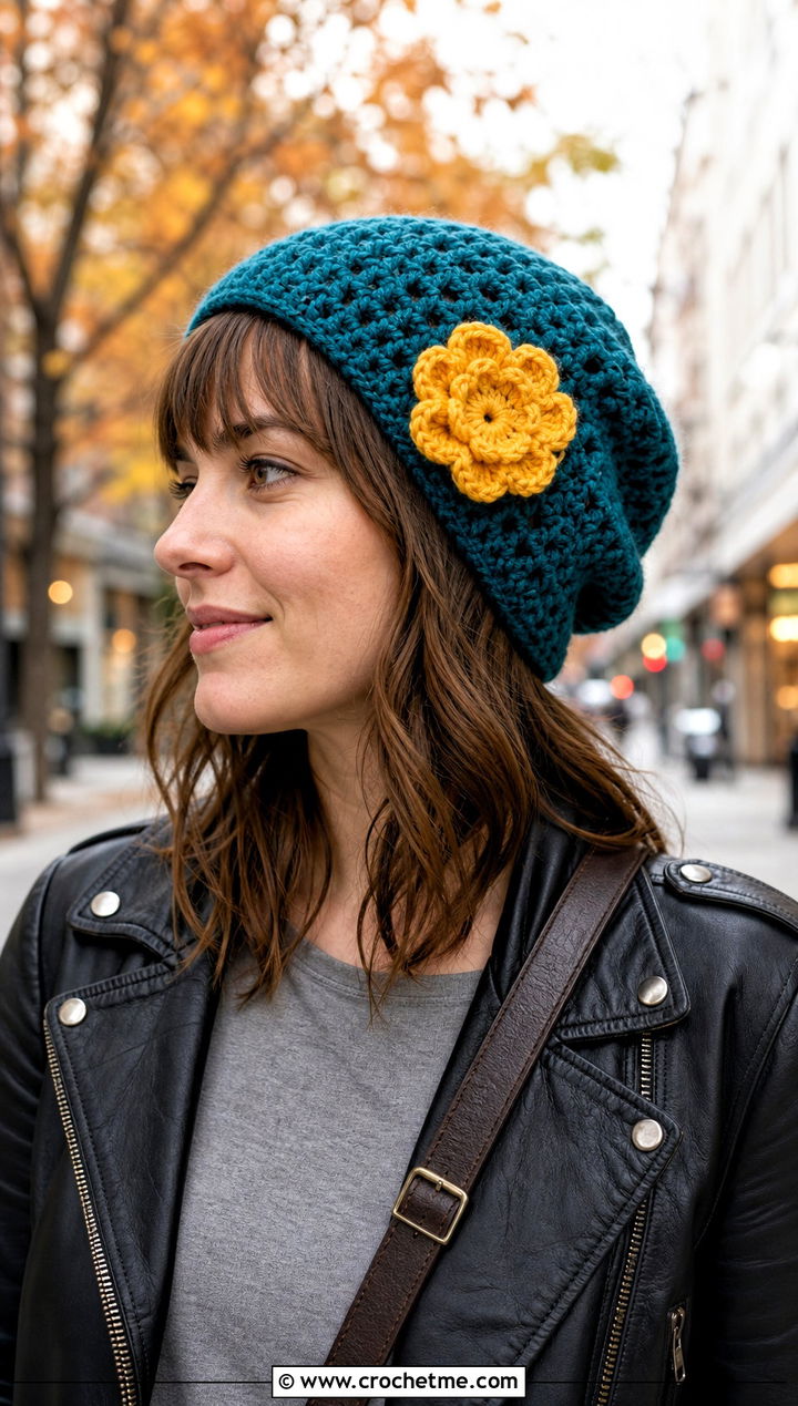 Teal Blue Crocheted Slouch Hat With Flower And Leather Jacket Outfit - 15 Blue Crocheted Hat With Flower outfit ideas