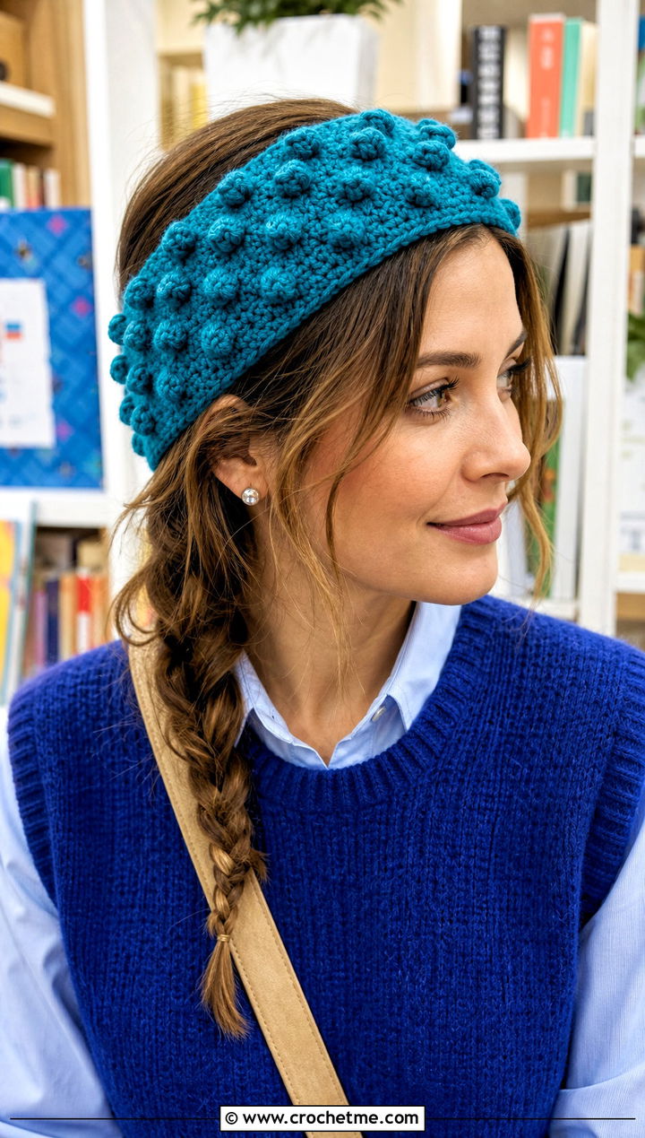 Teal Bobble Stitch Crochet Headband With Sweater Vest - 15 Teal Crochet Headband outfit ideas