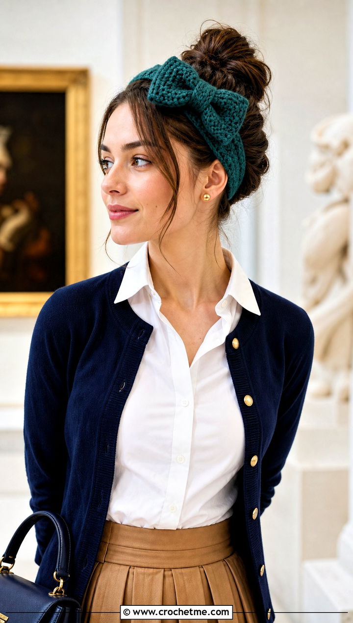 Teal Bow Crochet Headband With Preppy Cardigan - 15 Teal Crochet Headband outfit ideas