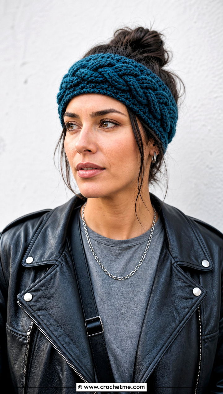 Teal Braided Cable Crochet Headband With Leather Jacket - 15 Teal Crochet Headband outfit ideas
