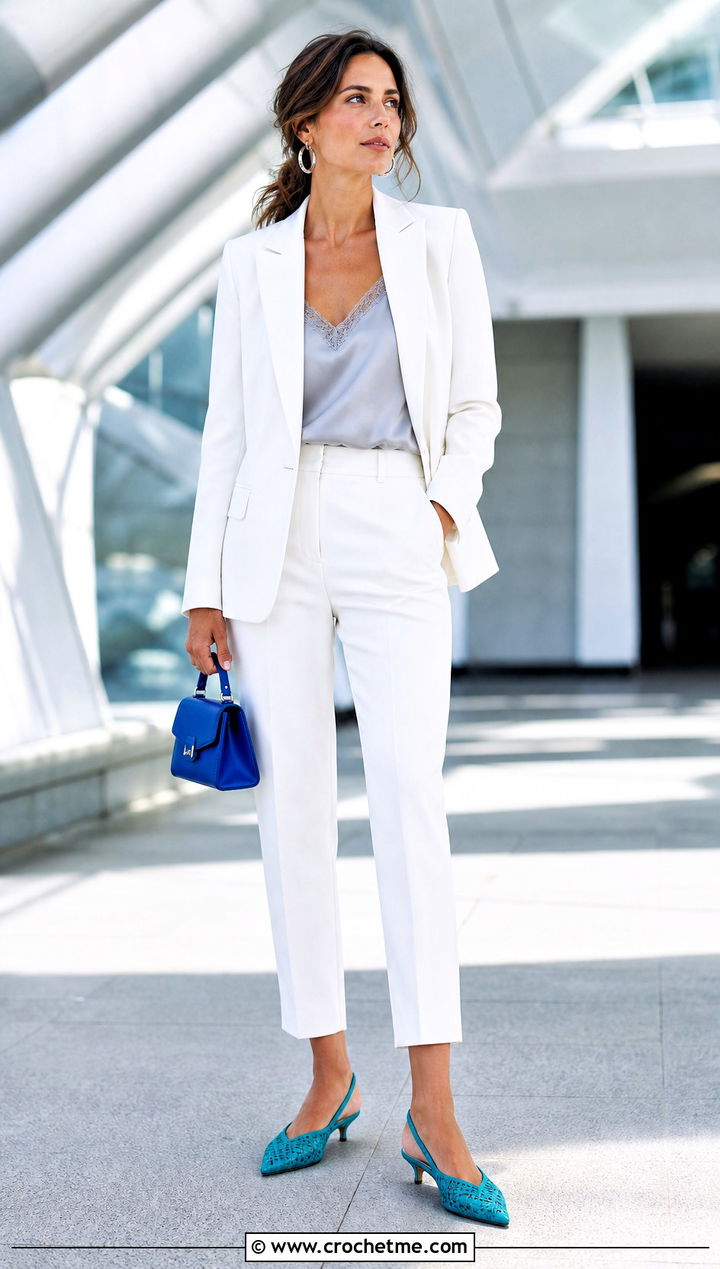Teal Crochet Slingbacks With A Pantsuit - 15 Teal Crochet Shoes outfit ideas
