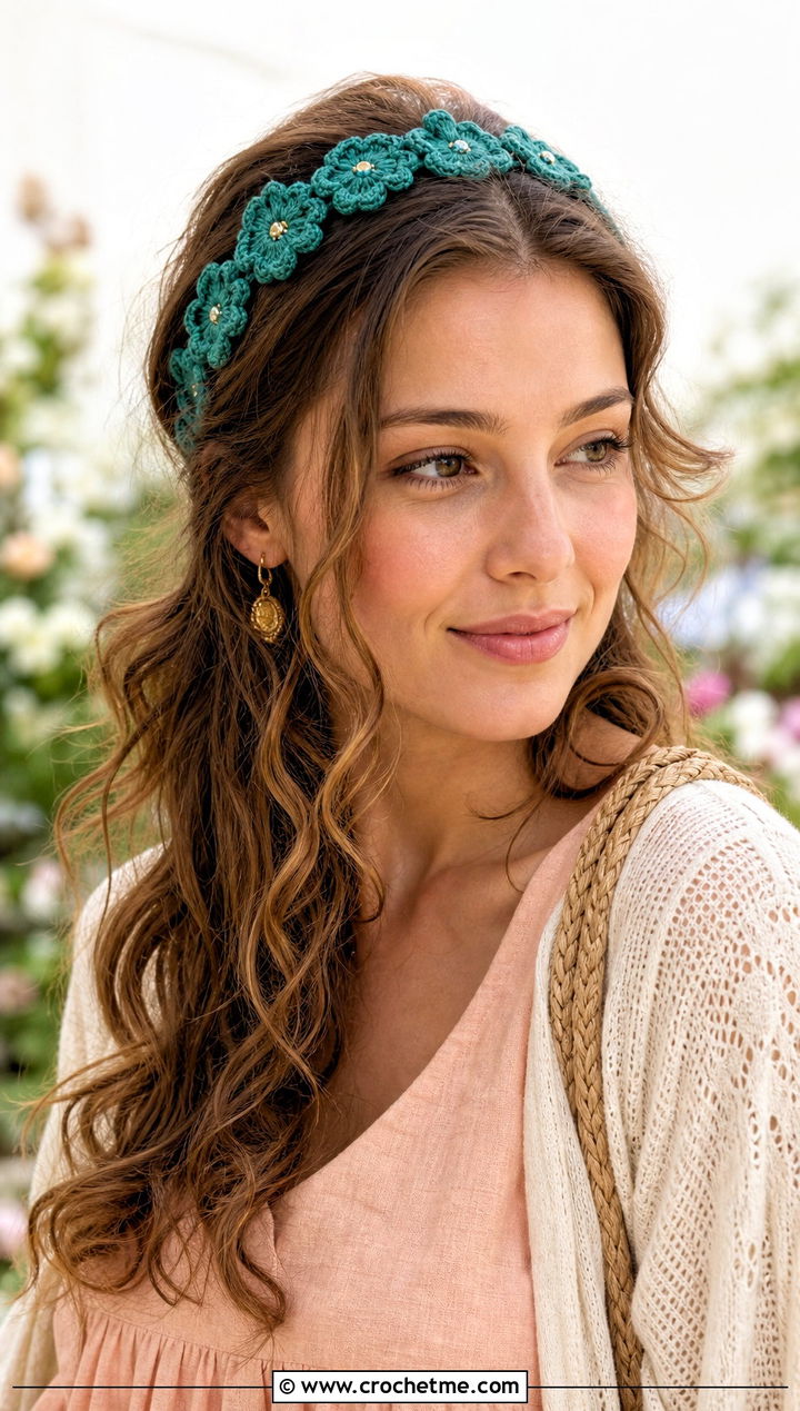 Teal Floral Crochet Headband With Linen Dress - 15 Teal Crochet Headband outfit ideas
