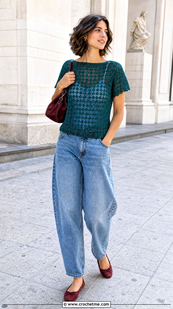 Teal Green Crochet T Shirt With Barrel Jeans - 35 crochet green top outfit ideas