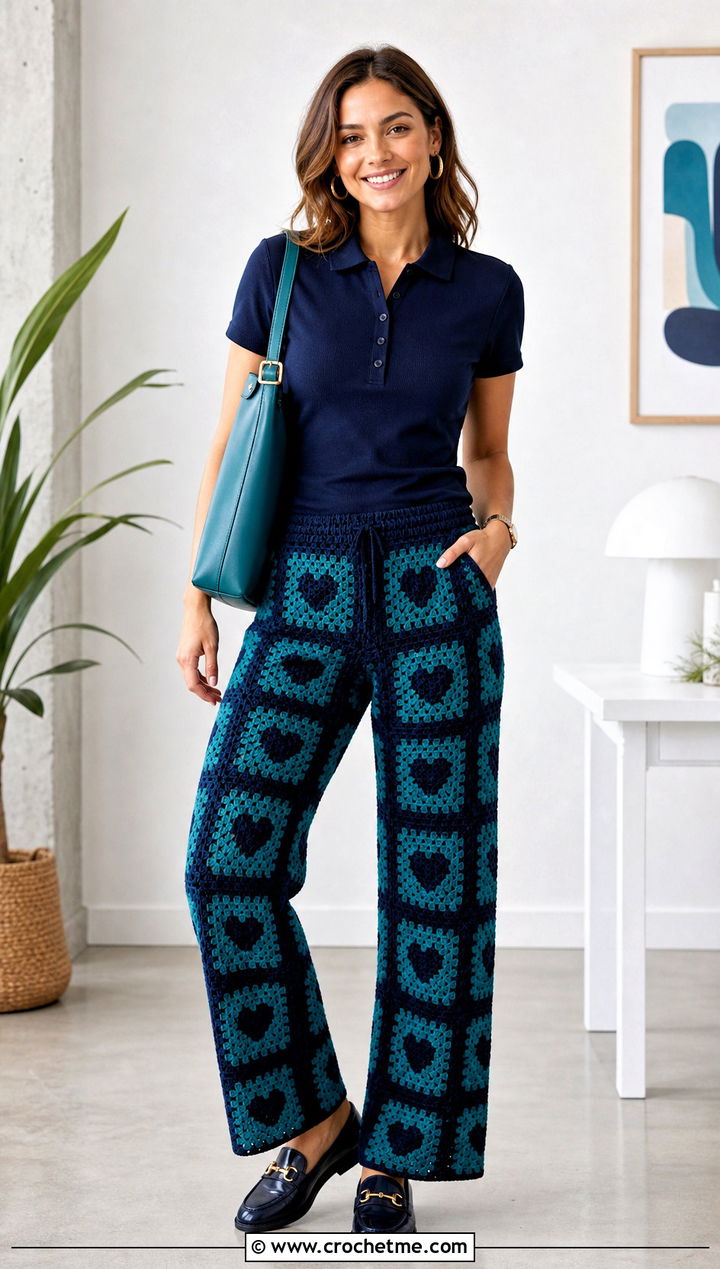 Teal Heart Granny Square Pants With Navy Polo Shirt - 30 heart granny square pants outfit ideas