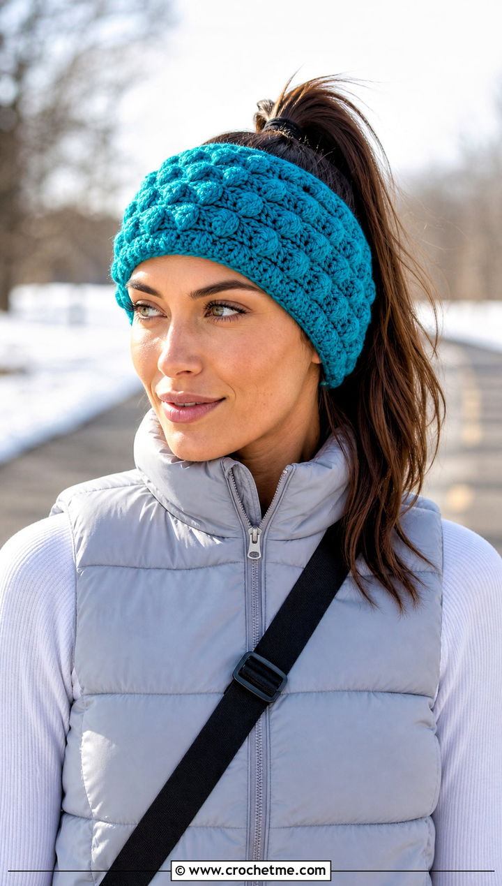 Teal Puff Stitch Crochet Headband With Puffer Vest - 15 Teal Crochet Headband outfit ideas