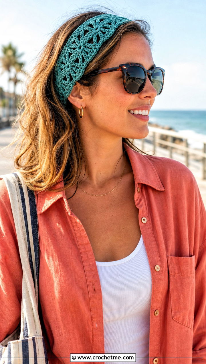 Teal Shell Stitch Crochet Headband With Beach Outfit - 15 Teal Crochet Headband outfit ideas